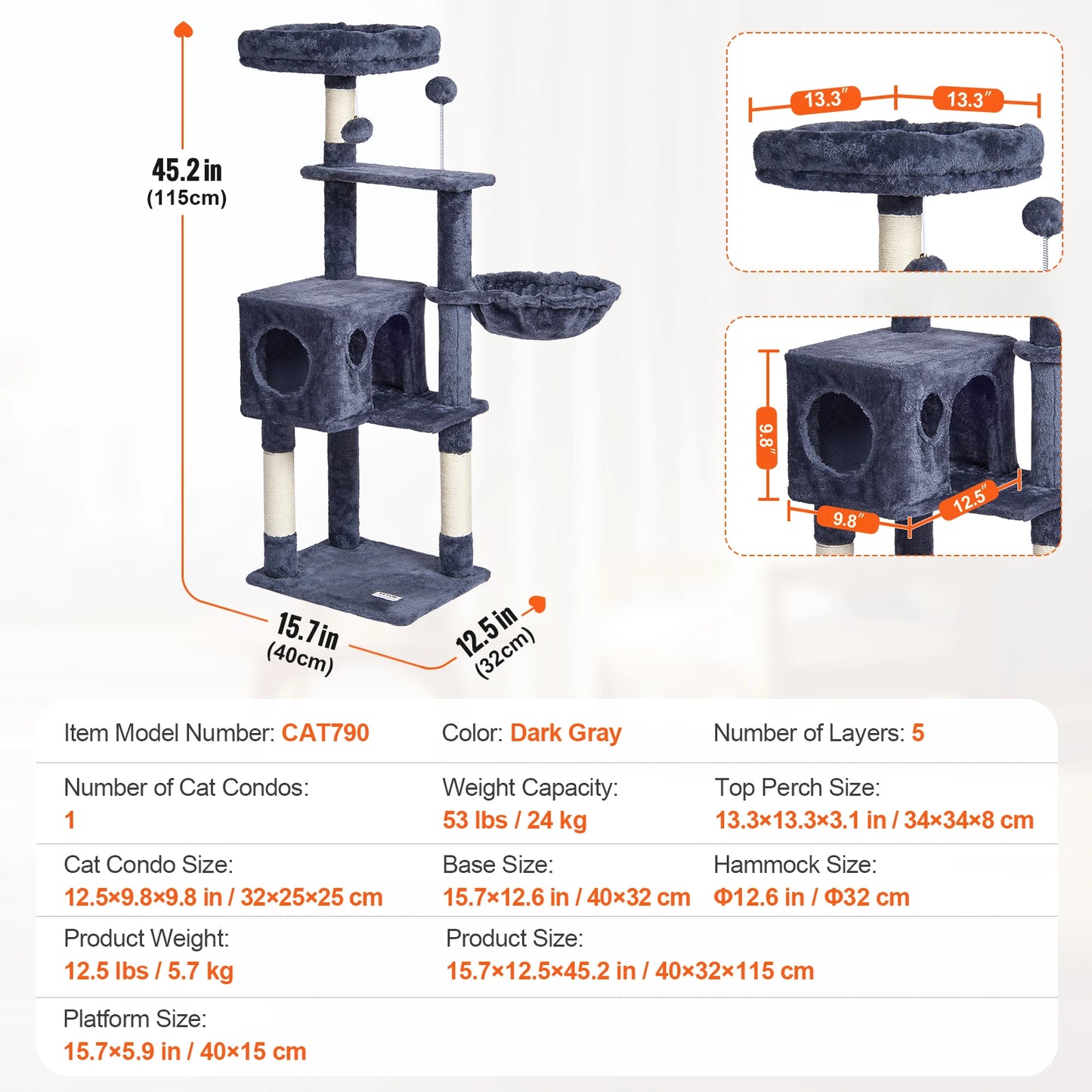 Cat Tree for Indoor Cats Dark Grey