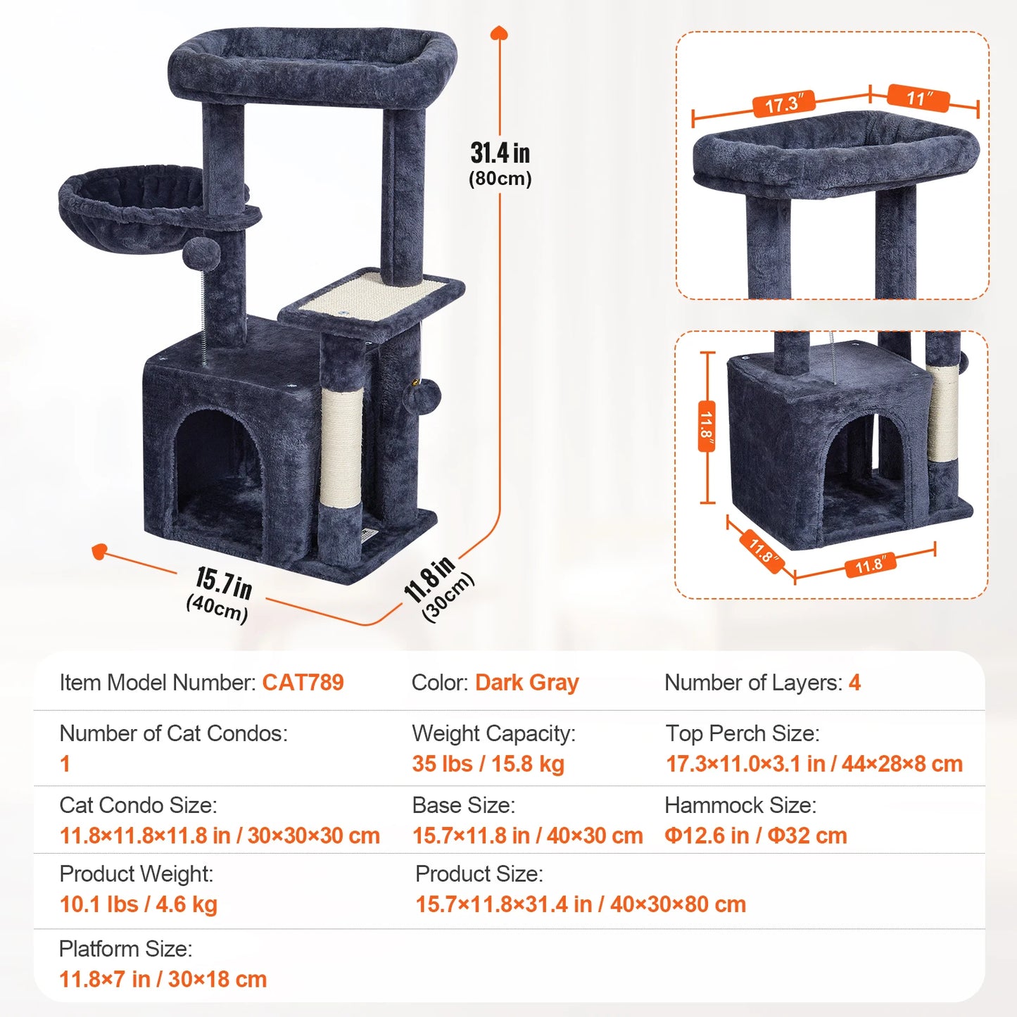 Cat Tree for Indoor Cats Dark Grey