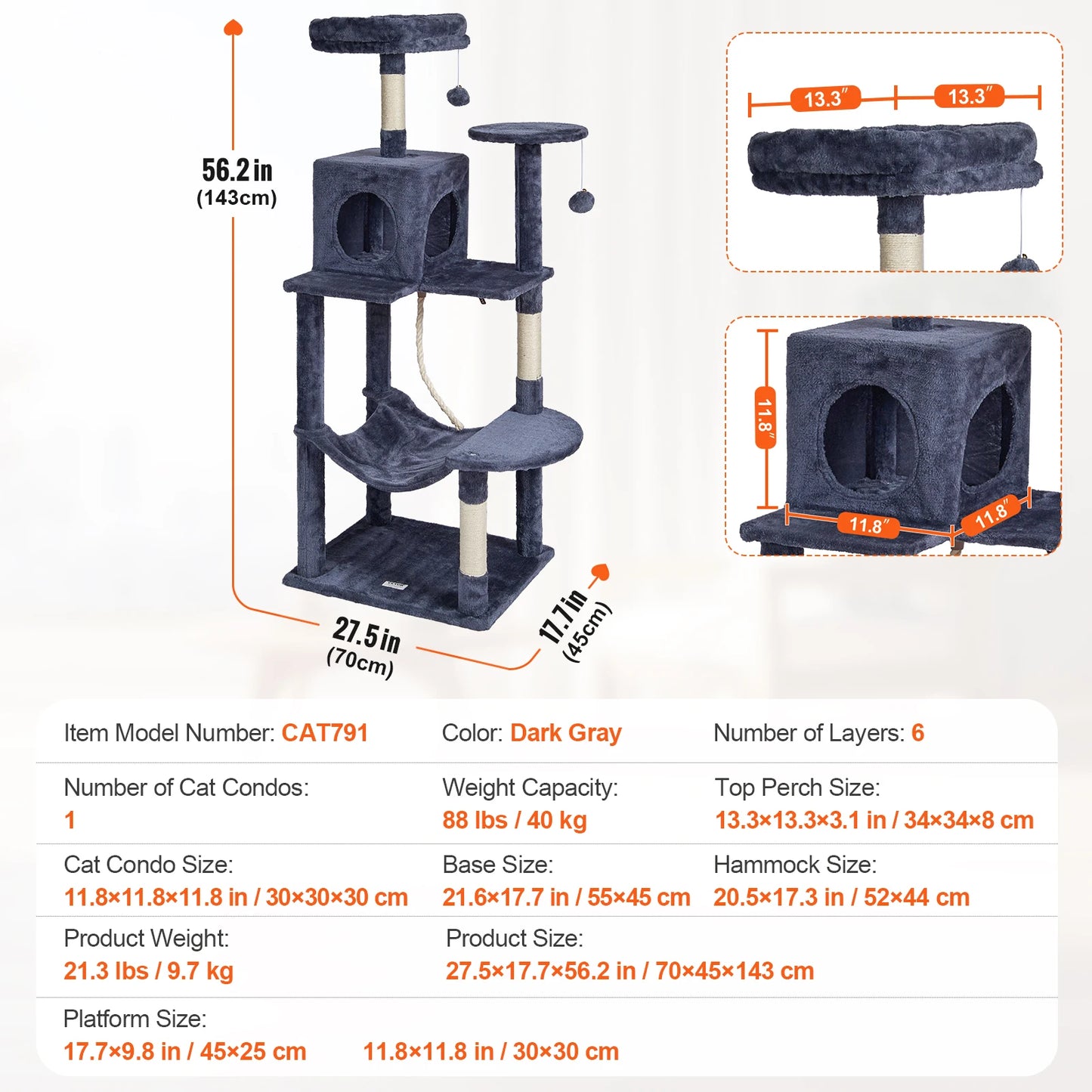 Cat Tree for Indoor Cats Dark Grey