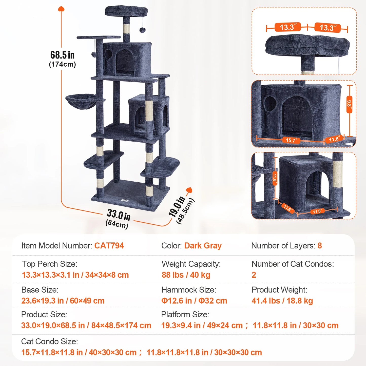 Cat Tree for Indoor Cats Dark Grey